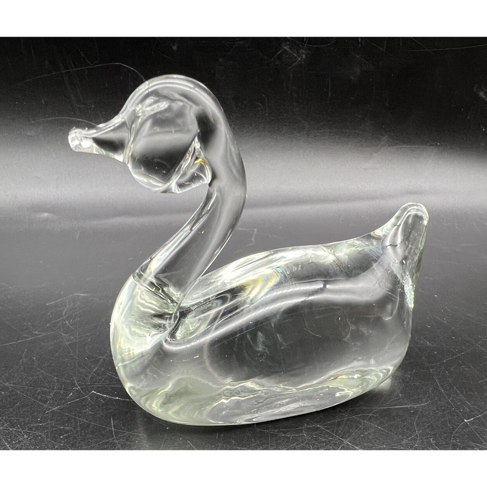 Vintage Art Glass Swan Paperweight Clear Hand Blown 3.25"x 3.5"